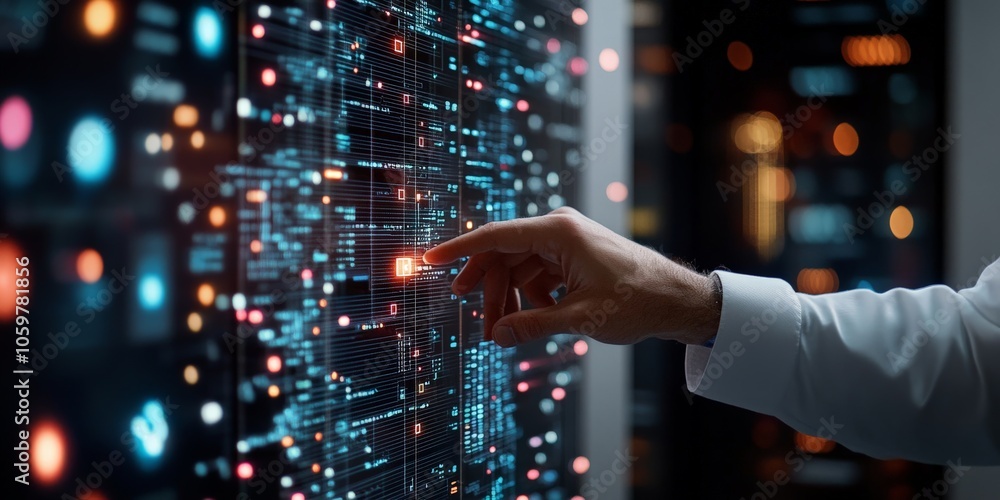 Poster a person's hand is dynamically interacting with an intricate grid of digital data, symbolizing the c