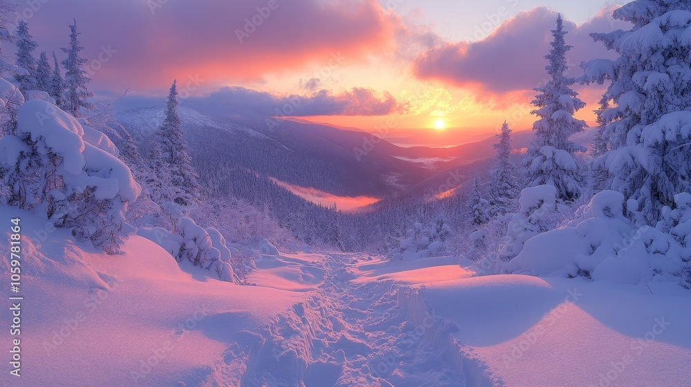 Poster a captivating sunset casts warm hues across a snow-covered landscape, illuminating the trails and tr