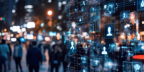 Obraz premium City inhabitants in a nighttime setting blend with a digital interface overlay, depicting the seamless integration of technology into urban daily life.