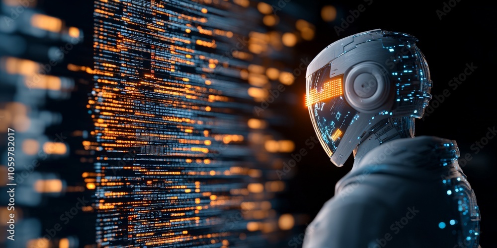Poster a humanoid robot with glowing eyes and a digital backdrop representing futuristic artificial intelli