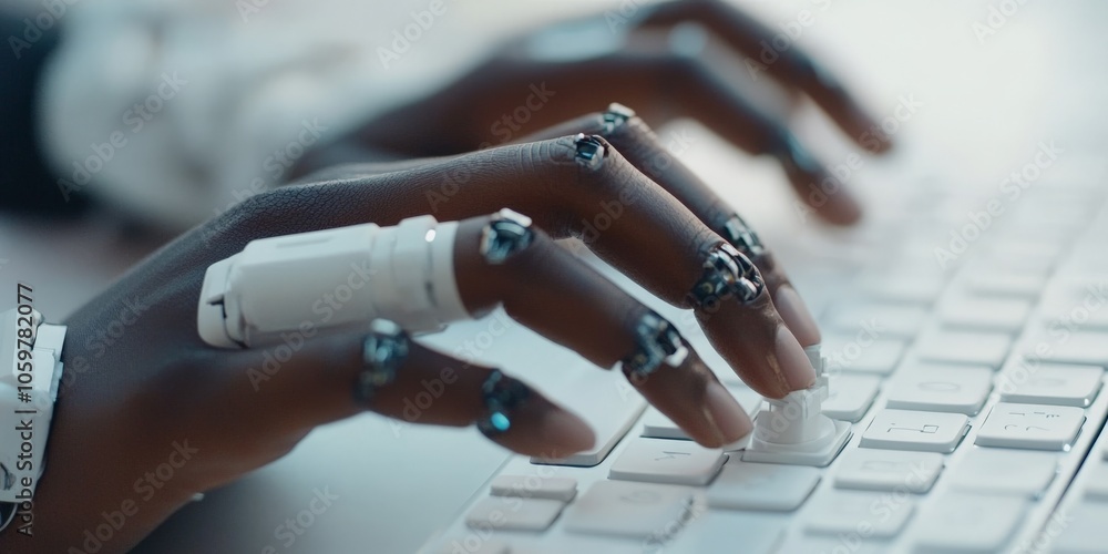 Poster a close-up of cybernetic fingers typing on a white keyboard, showcasing advanced technology and huma
