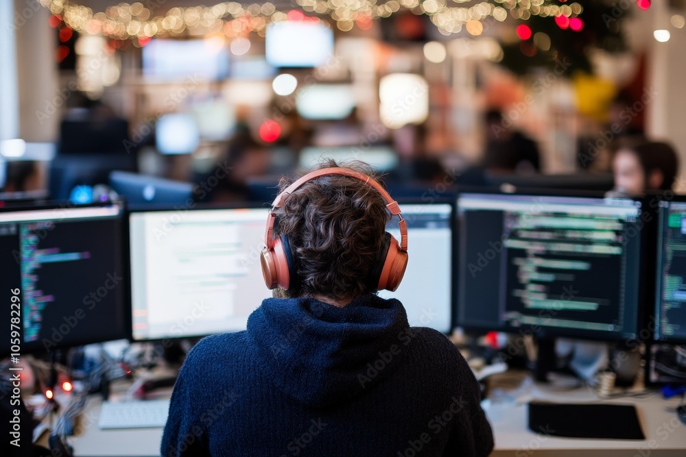 Aufkleber a developer focused on code, wearing headphones, sits at a desk with multiple screens in a modern, d