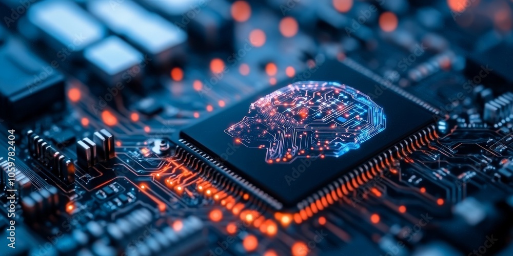 Aufkleber a circuit board features an illuminated digital brain design, symbolizing advanced ai technology and
