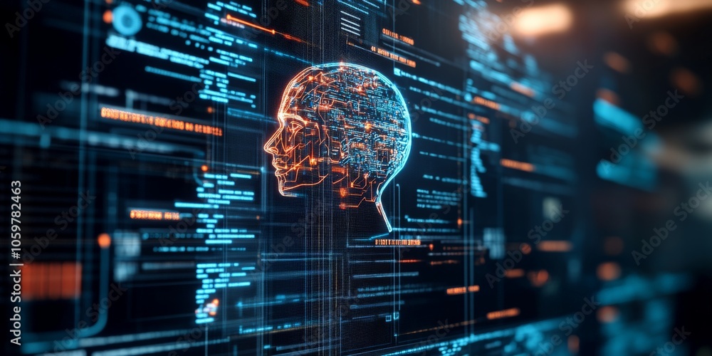 Poster profile view of a digital head composed of network nodes and connections, showcasing artificial inte
