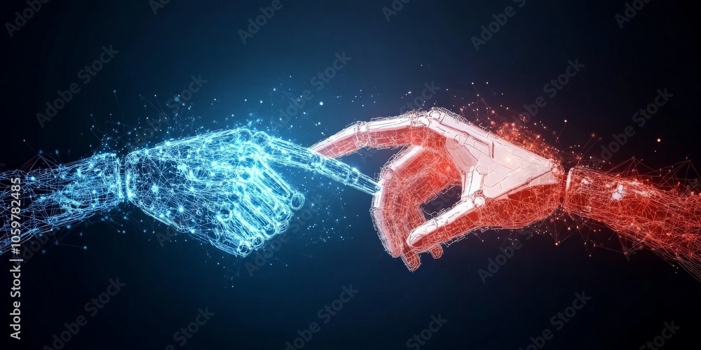 Poster two abstract digital hands connecting with glowing energy between them, symbolizing collaboration, t
