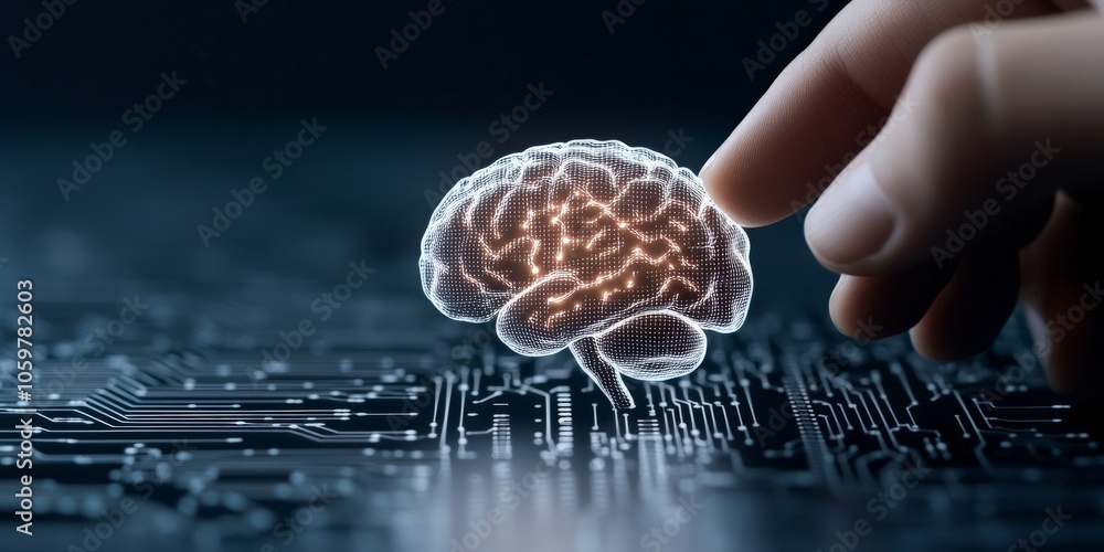 Poster a human hand reaching towards a digitally rendered brain set on a circuit board, symbolizing the int