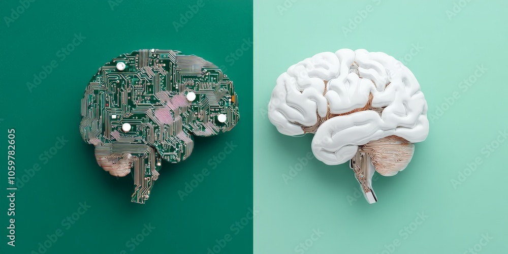 Poster a visually distinct comparison of a circuit board-designed brain juxtaposed with a realistic human b