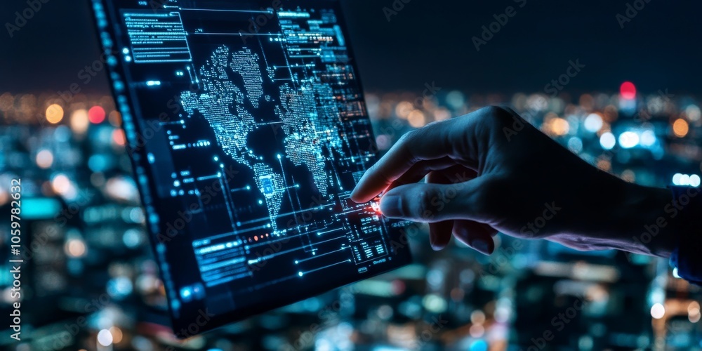 Poster a hand engages with a digital world map interface on screen, exemplifying global connectivity and te