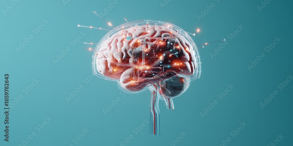 Poster a visual representation of a brain with glowing neural connections and digital effects, illustrating