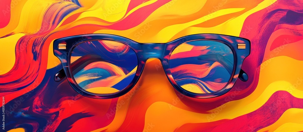 Poster sunglasses with colorful abstract reflection on a swirly background.