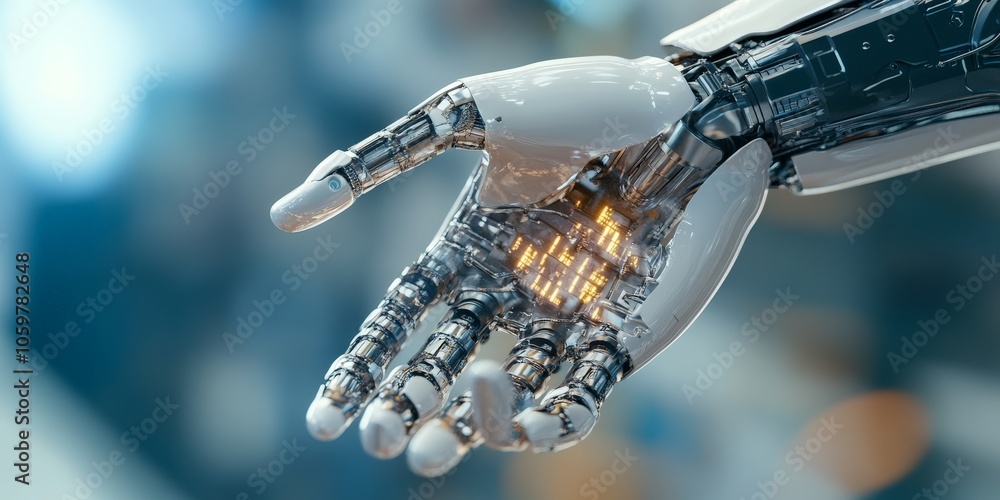 Poster a close-up of a robotic hand extending forward with visible circuits and illuminated elements, symbo