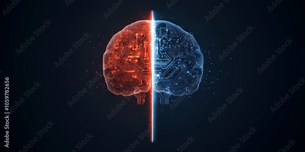 Poster a digital brain image divides into two halves with contrasting red and blue colors, symbolizing dual