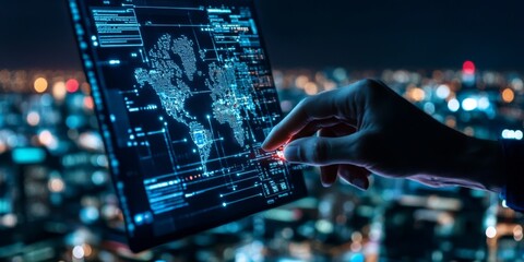 A hand engages with a digital world map interface on screen, exemplifying global connectivity and technological expansion in a digitally illuminated space.