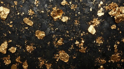 Fototapeta premium Shimmering gold nuggets scattered in a luxurious pattern on a jet-black backdrop, glowing with richness.