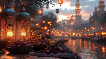 Obraz premium Festive Feast by the Waterway in a Golden Hour