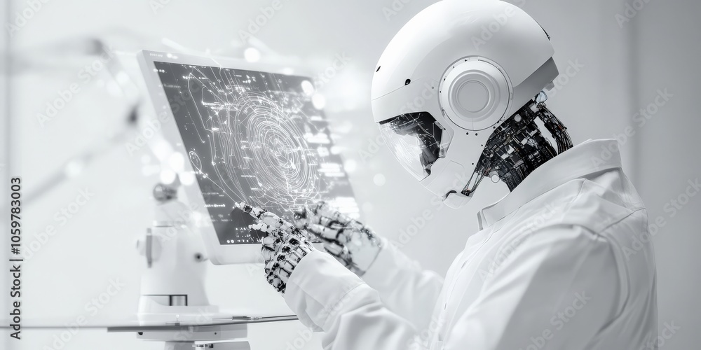 Poster a robot working on a transparent digital interface with holographic data, illustrating the blend of 