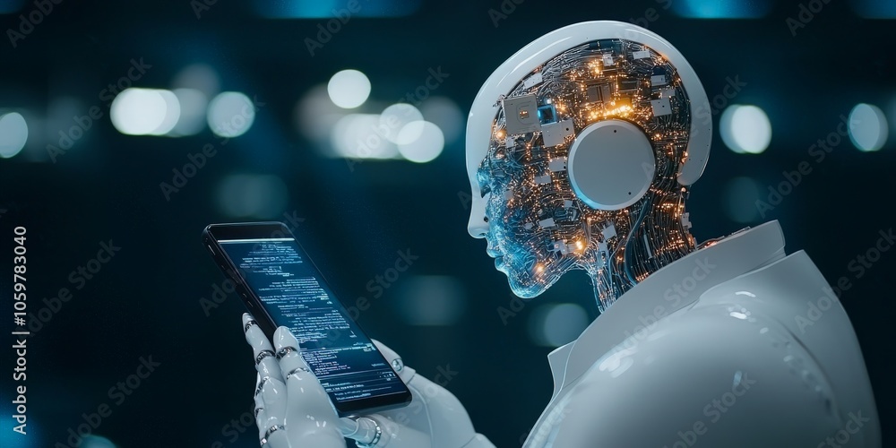 Poster a humanoid robot examining data on a digital interface tablet, showcasing the intersection of advanc