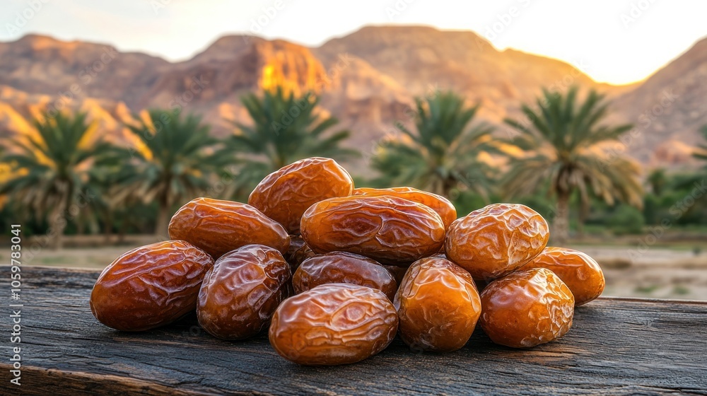 Poster a pile of dates sits on a wooden surface in front of a date palm orchard and a mountain range at sun