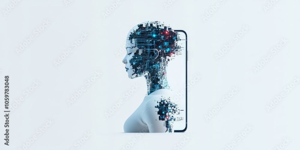 Poster a side view of a woman's head digitally merging with blinking circuits, symbolizing human integratio