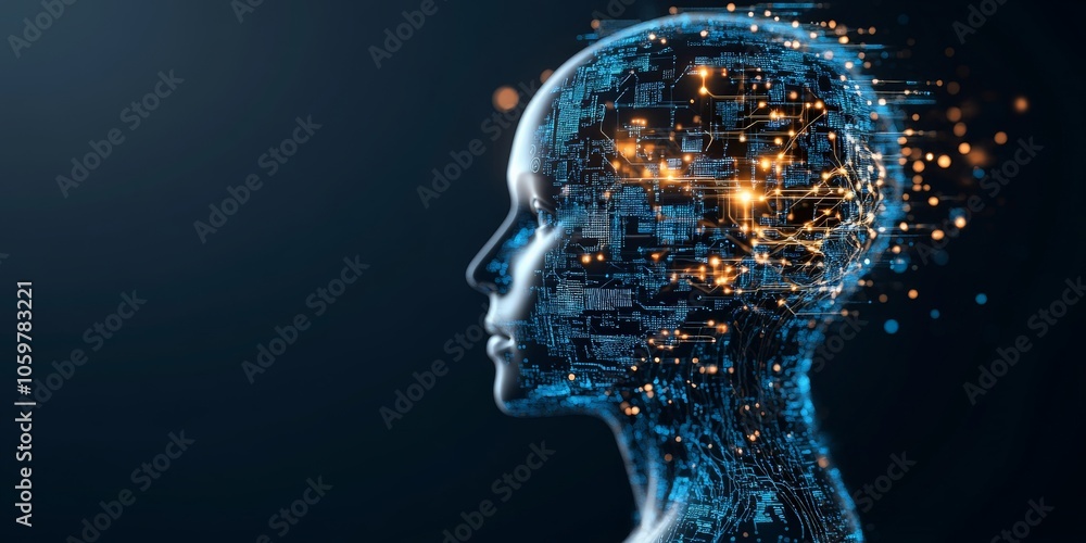 Poster a side view of a digital brain with complex circuitry and glowing nodes in a futuristic style, illus