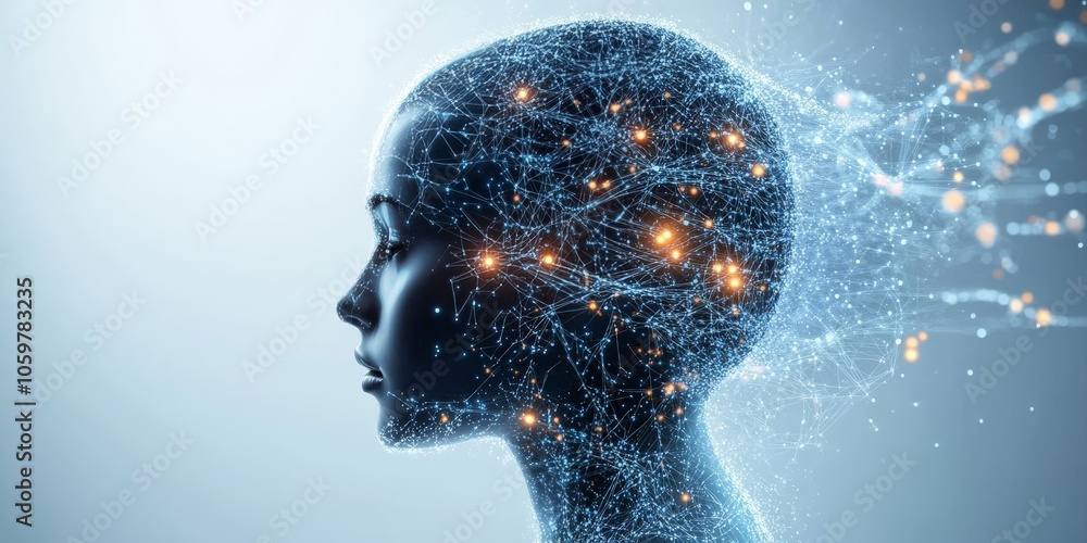 Poster an ethereal side profile of a face with intricate digital pathways, symbolizing intelligence, modern