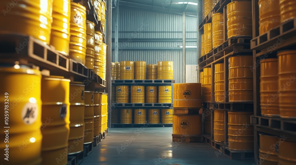 Wall mural stacked yellow chemical barrels in an open storage area, ready for shipping, with clear transportati