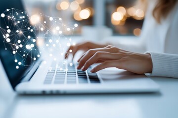 Elegant hands type on a laptop keyboard, with a digital network illustration hovering above, representing connectivity, technology, and innovation in work.