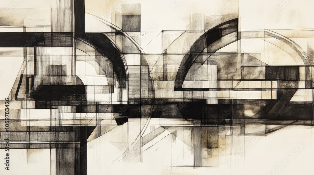 Poster An intricate design features bold black ink lines creating a dynamic urban landscape, reflecting the essence of modern architecture. Generative AI
