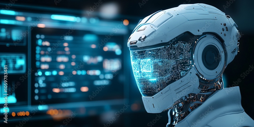 Poster a sleek, futuristic robot stands in front of digital screens, methodically analyzing data streams, i