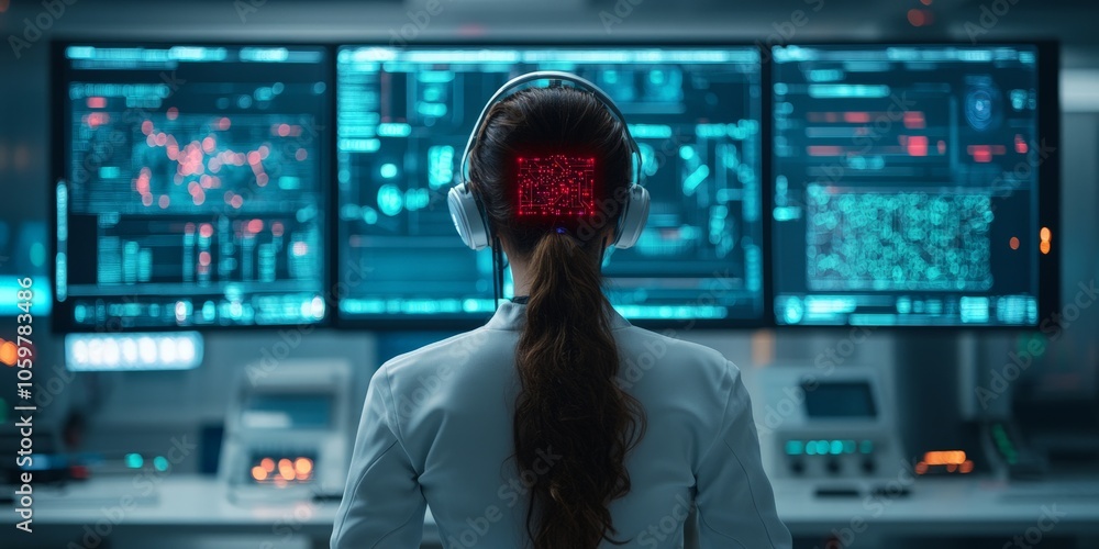 Poster a woman wearing a high-tech headset examines multiple data streams on futuristic screens, representi