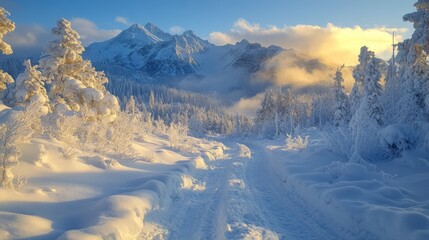 A tranquil winter morning in a secluded wilderness features freshly fallen snow blanketing the ground and surrounding trees. The mountains rise majestically under the gentle glow of dawn.