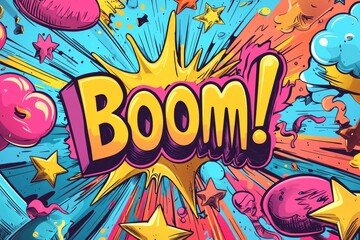 Fototapeta premium Impactful phrase in entertainment: lively expression and attention grabbing sound that energizes moments, bringing joy and excitement through creative design, colorful elements in visual storytelling.