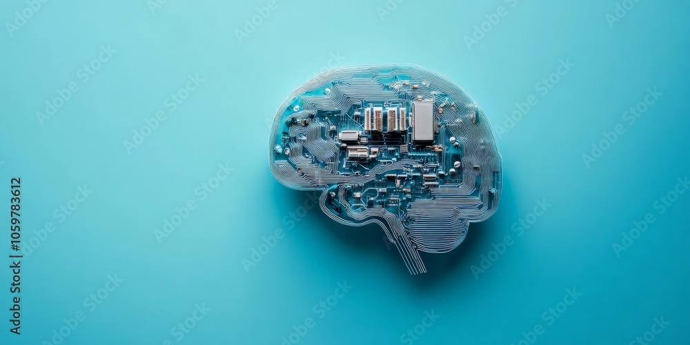 Poster a digital brain model is artistically designed with a circuit pattern, symbolizing technology's impa