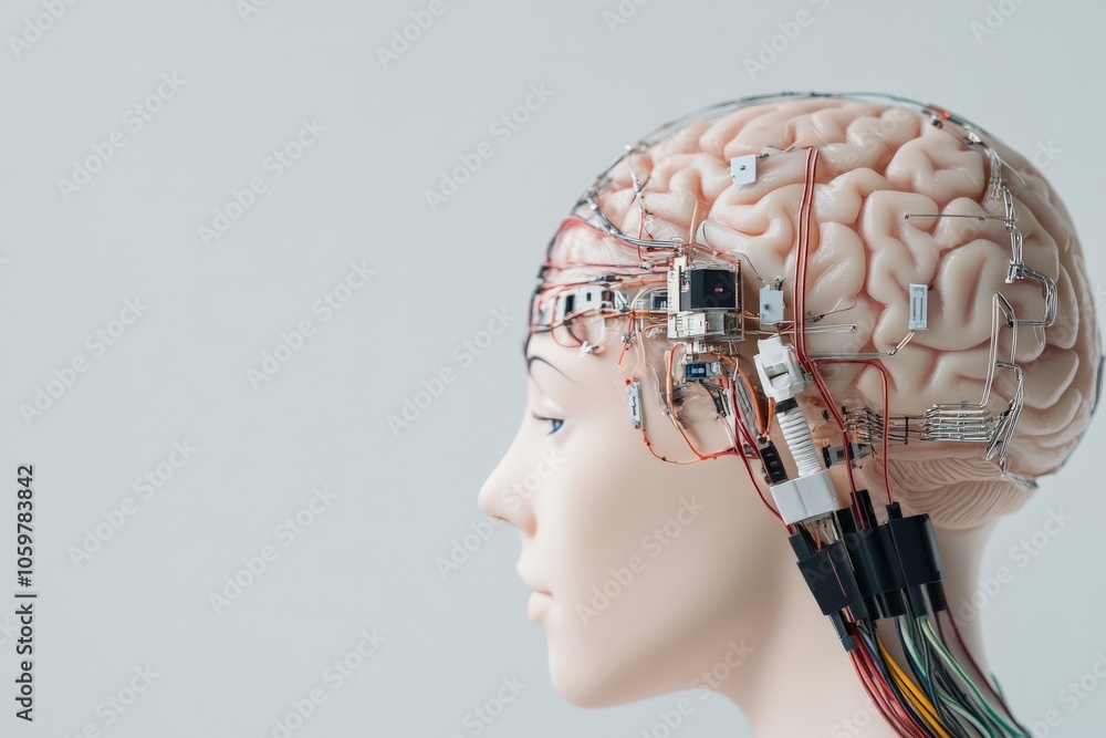 Poster a detailed side profile of a head with cybernetic enhancements, visible wire connections and circuit