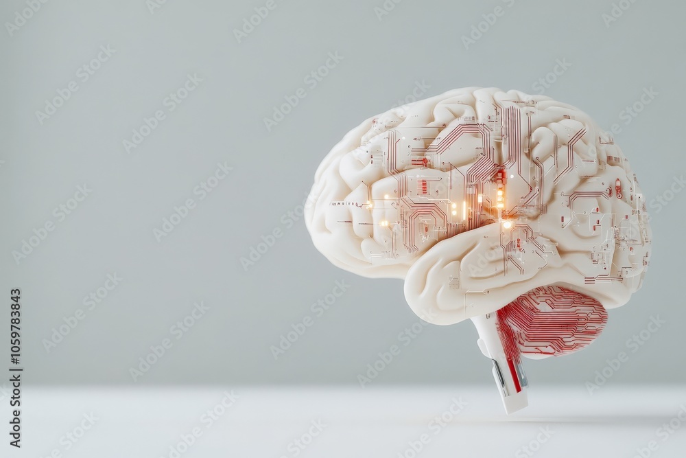 Poster a detailed visualization of a synthetic brain with integrated electronic circuits, illuminating the 