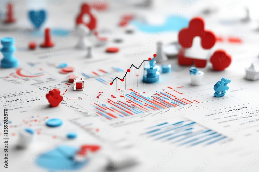 Poster vibrant red and blue abstract charts with 3d objects highlight complex business analytics and strate