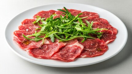 Thinly sliced Italian beef carpaccio elegantly arranged on a white plate, drizzled with olive oil and garnished with fresh arugula. A culinary delight with room for text.