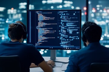 Two developers wearing headsets are intensely focused on their programming work. A large monitor displaying code is prominent in a well-lit office setting.