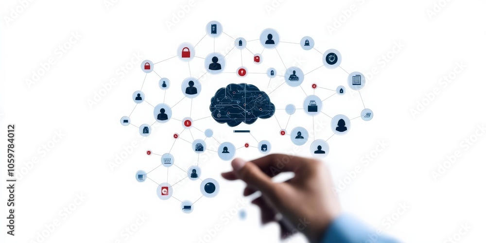 Poster a hand interacts with a digital brain showcasing network connections, illustrating concepts of conne