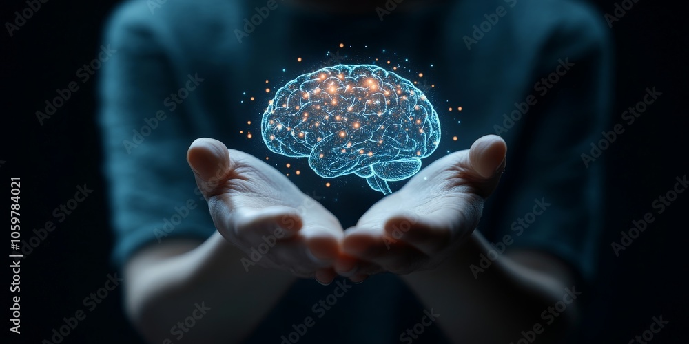 Aufkleber two open hands present a luminous brain with sparkling neural connections, embodying the concept of 