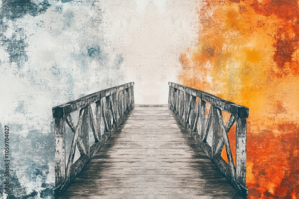 Poster this abstract drawing illustrates a bridge uniting two distinct atmospheres, one cool and serene, th