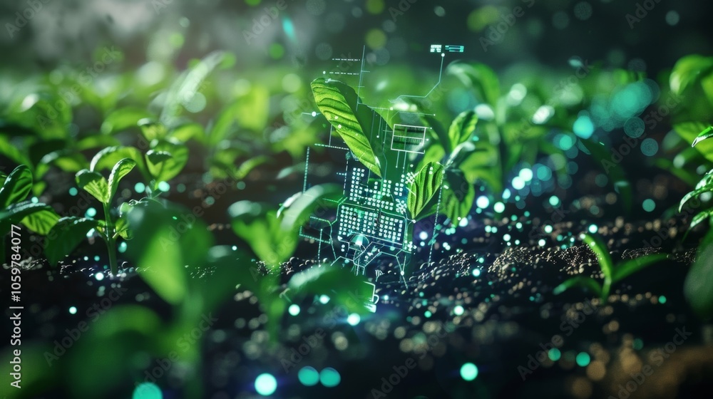 Poster a farm equipped with sensors and cameras connected to 5g constantly monitoring the growth of crops a