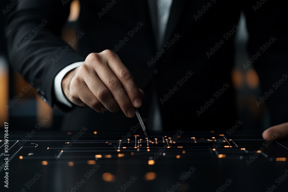 Poster a meticulous hand uses tweezers to manipulate illuminated circuits on a digital board, representing 