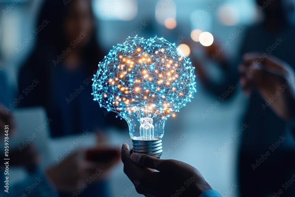 Poster a unique depiction of a light bulb morphed into a digital brain network, illustrating the fusion of 