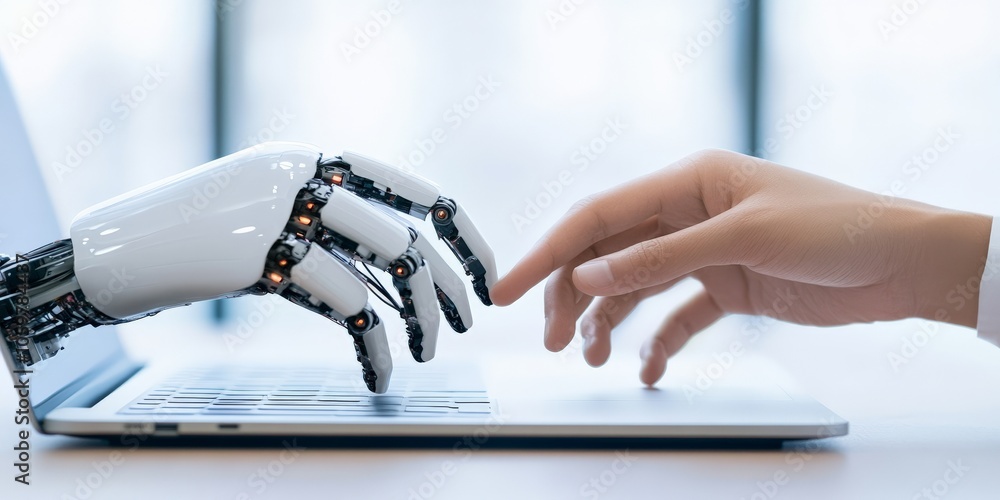 Poster a symbolic image of a human and robot hand about to touch over a laptop, representing the interactio