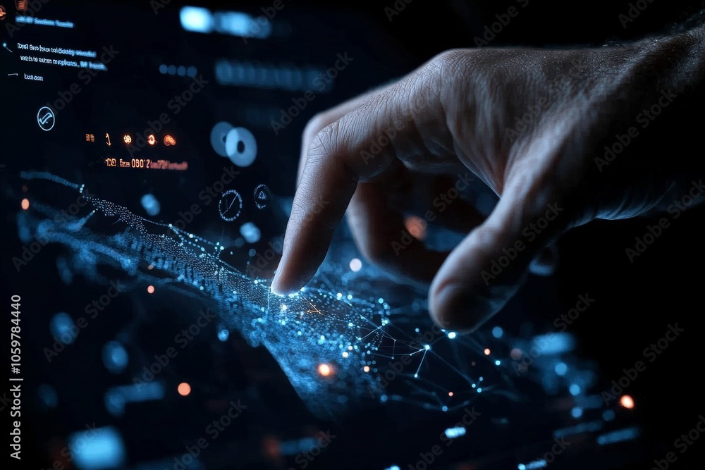Poster A hand interacts with an advanced touch screen showing complex data visualizations, embodying the merge of human touch and digital technology in modern data analysis.