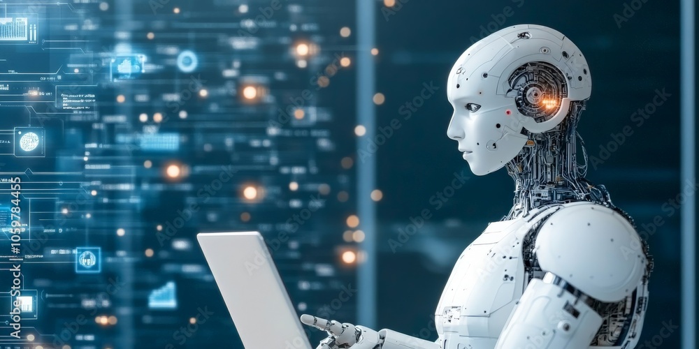Poster a cyborg interacts with a high-tech digital interface on a futuristic computer, showcasing advanced 