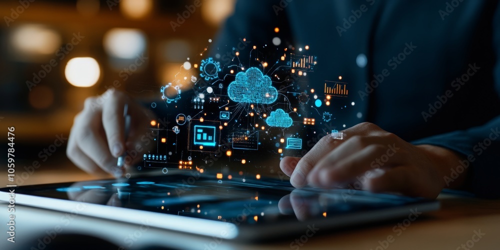 Poster a person engages with a touchscreen, manipulating floating digital representations of cloud storage 