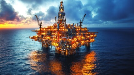 Fototapeta premium Illuminated Offshore Oil Rig Platform at Dusk