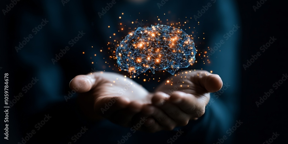 Poster a pair of hands holds a glowing digital brain network, symbolizing artificial intelligence, cognitiv
